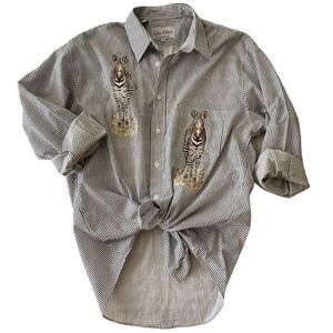 Las Olas Zebra Novelty Print Pinstriped Button Down Blouse Ladies Animal Shirt